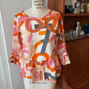 CALIBAN Italian Silk Graphic Letter Number Print Ruffle Peplum Top Size 42 (6)